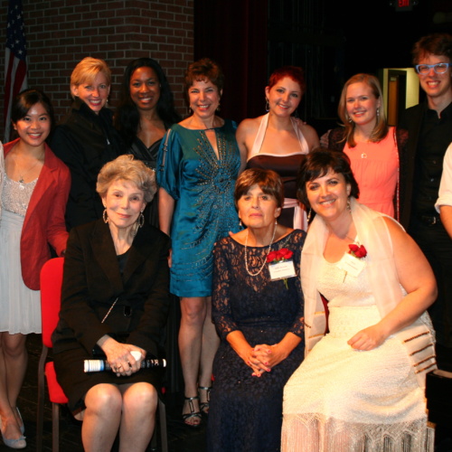 Alumni performers pose with Nelly Berman, Elena Berman, Mrs. Kligerman, and Andrea Solomon after the 2013 "Celebrating Nelly" concert.