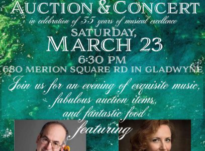 A poster for an auction and concert with two people.