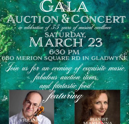 A poster for an auction and concert with two people.