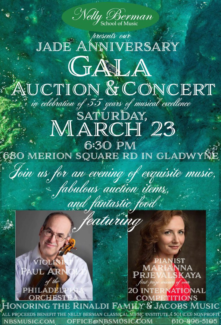 A poster for an auction and concert with two people.