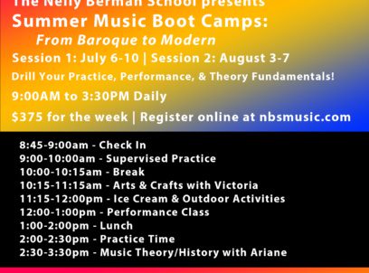 A poster for the nelly berman school 's summer music boot camps.