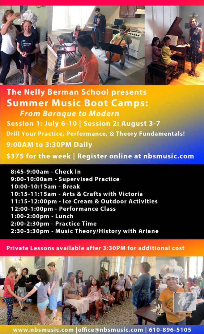 A poster for the nelly berman school 's summer music boot camps.